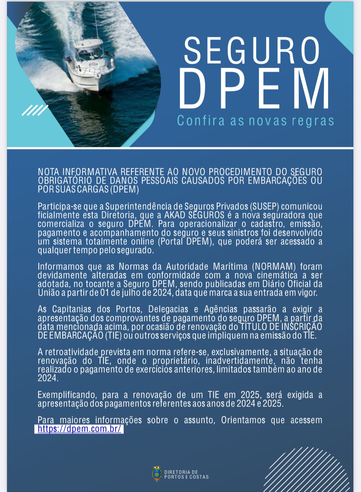 DPEM entra em vigor o retorno do seguro obrigatório para embarcações